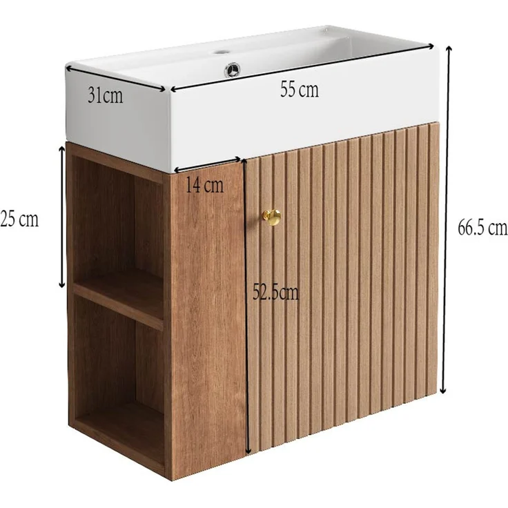 Waschtischunterschrank 66.5x55x31 cm, braun, mit Keramikbecken und Stauraum – Bild 5