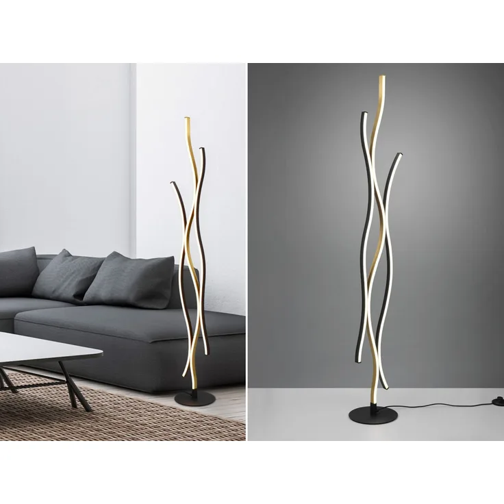 LED Stehleuchte BLAZE dimmbar Lichtfarbe einstellbar Schwarz Gold, Höhe 138cm