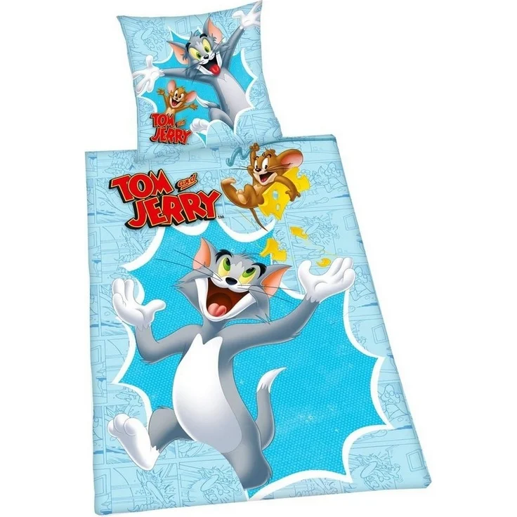 Herding Kinderbettwäsche Tom & Jerry 135x200cm Katz Maus, Renforcé, 2 teilig, TOM AND JERRY, Happy, Käse, Blau, Baumwolle – Bild 2