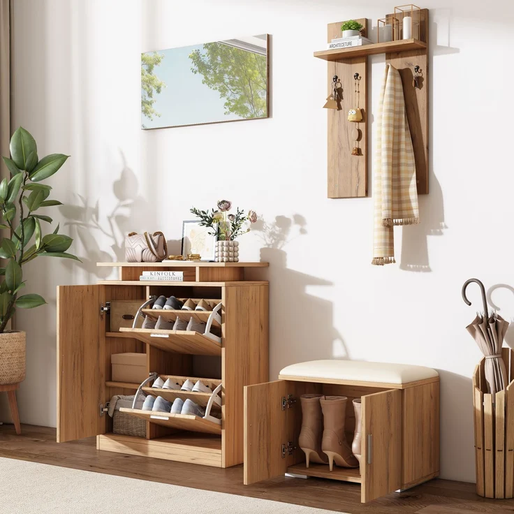 CHICFURN Schrank 140x133x35 cm mit Schuhbank, Spiegel und Kleiderhaken – Natur – Bild 6