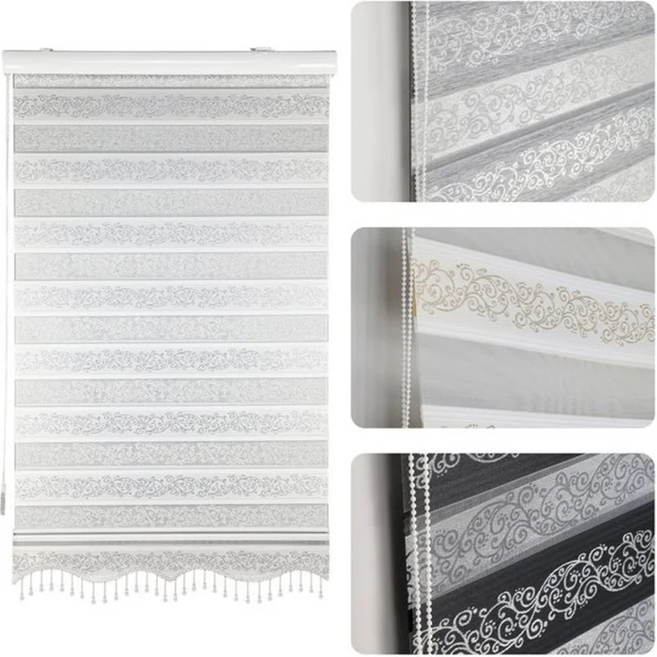Doppelrollo Duorollo Doppelrollo mit Kassette Rankenmuster und Perlen Höhe: 200 cm, Plisseeonline, blickdicht, Deckenmontage, Freihängend, Deckenmontage mit Clips, Mit Motiv und Alu Kassette in Weiß Gold Schwarz – Bild 4