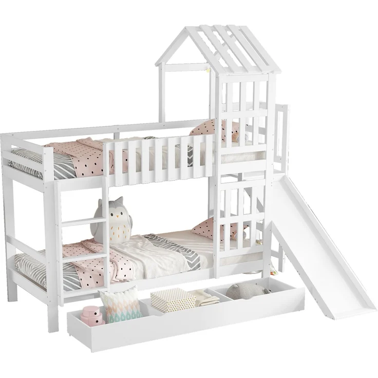 Merax Etagenbett , Kinderbett mit Rutsche, Dach & Fenster, Schublade mit Rollen, Kiefer MDF Weiß, 90x200cm – Bild 10