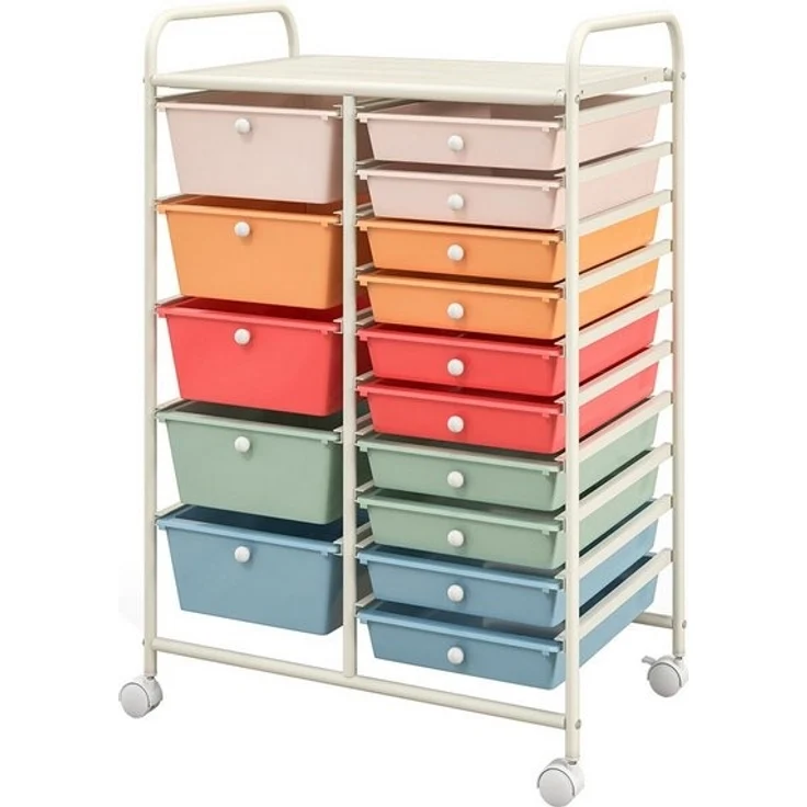 COSTWAY Rollcontainer, Metallgestell, 15 stapelbare Schubladen, mit Bremsen – Bild 4