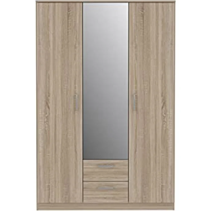 FORTE NIKO Schrank 120 130, Kleiderschrank mit Spiegel, Drehtürenschrank Skandinavisch 3-türig, mit 2 Schubladen, Einlegeböden und Kleiderstange, Sonoma Eiche, 123 cm breit x 185 cm hoch x 53 cm tief – Bild 2