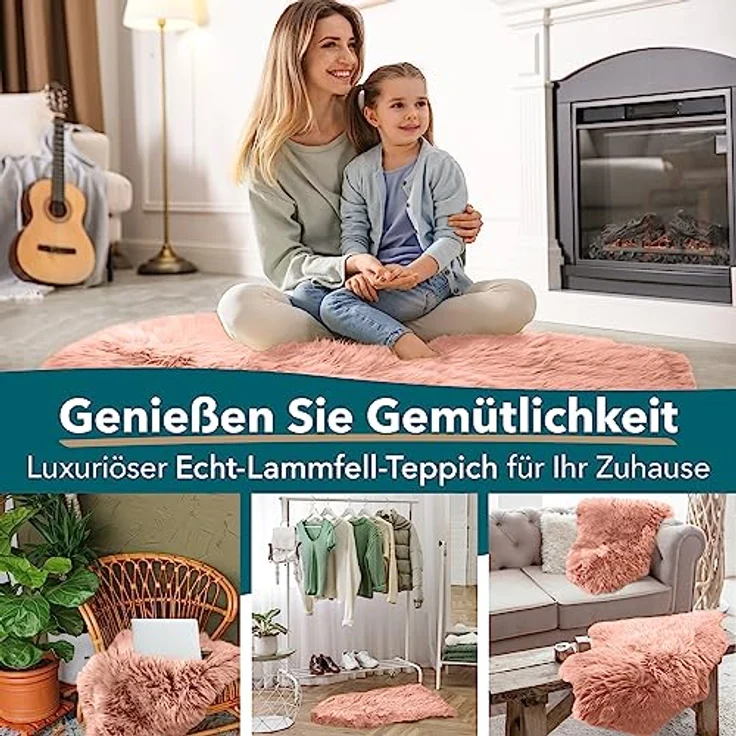 KARAT Lammfell echt - Rosa Flauschige Stuhlkissen Schaffell Deko Teppich für Wohzimmer & Kinderzimmer, Sitzauflage, Dekofell, mit Lederrücken 90x60 cm (Audrey) – Bild 4