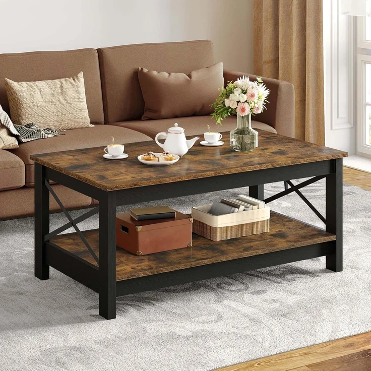 YITAHOME Couchtisch, Wohnzimmertisch, 2-stöckiger Dicker Holz Rechteckiger Couchtisch, X-Form Metal Side Support, Stabil 100 x 55,3 x 45 cm – Bild 4