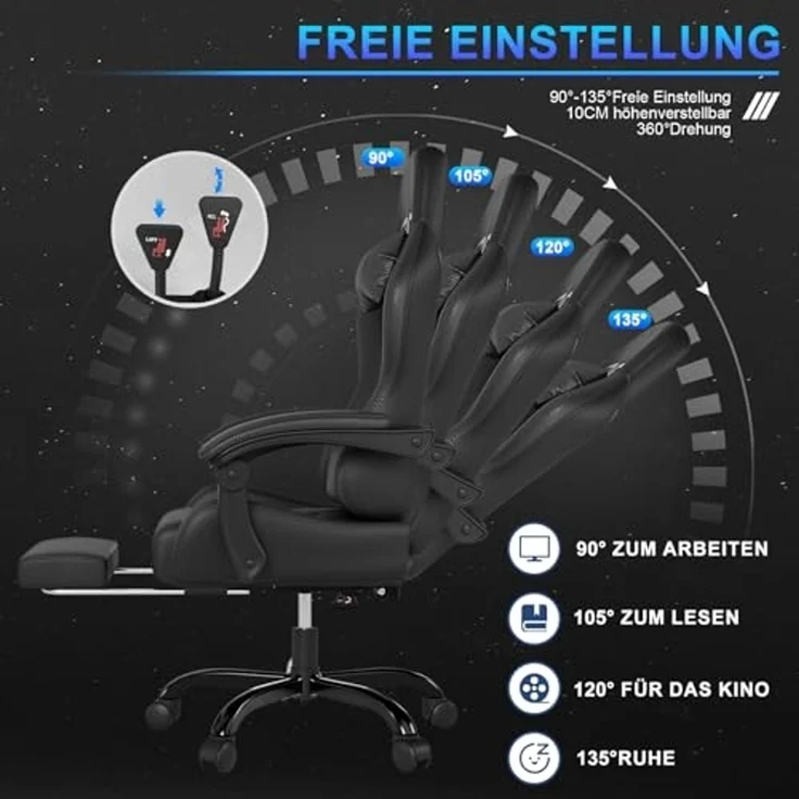 JUMMICO Gaming Stuhl Massage, Bürostuhl Ergonomisch Mit Massage-Lendenkissen, Gamer Stuhl verstellbare Rückenlehne 90-150°,und fußstütze, Gamingstuhl 150 kg belastbarkeit, Schwarz – Bild 6
