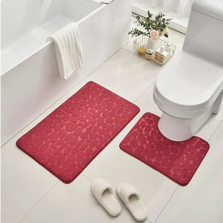 ele ELEOPTION 2 Stück rutschfeste Ständer Badematten Set atmungsaktivem Memory-Schaum Bad-Teppiche angenehm weiches Wasser saugfähig WC Badezimmer Teppich rutschfest Ständer Unterstützung (Rot) – Bild 5