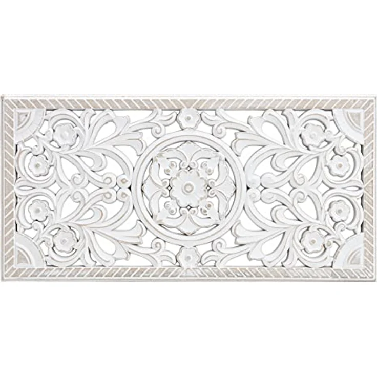 Spetebo Wand Deko Ornament, rechteckig 61 x 30 cm in shabby weiß, Holzwerkstoff mit feinen Verzierungen – Bild 1
