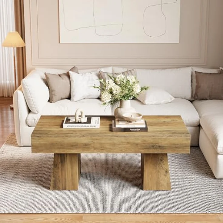 LITTLE TREE Farmhouse Couchtisch, 120 cm, rechteckiger Beistelltisch aus Holz mit massivem Sockel, Moderne niedrige Cocktail- und Teetisch-Möbel für das Wohnzimmer (rustikales Braun) – Bild 4