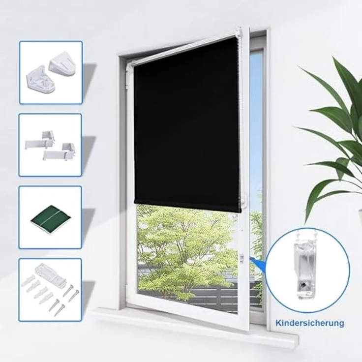 Homland Klemmfix Rollo Verdunkelung Thermorollo ohne Bohren Schwarz 110x170 cm (BxH), Verdunklungsrollo Wandmontage & Deckenmontag, Sichtschutz & Sonnenschutz für Fenster und Tür – Bild 4