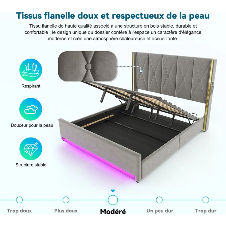 TavilaEcon Boxspringbett Veloursbett mit hohem Kopfteil, Seitentaschen & USB grau Liegefläche 180 × 200 cm – Bild 6