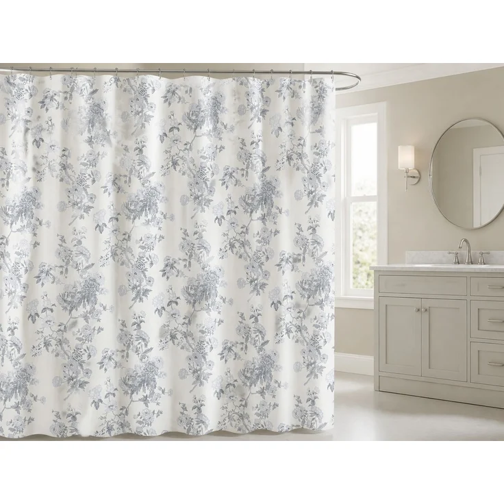 Wasserdichter Duschvorhang mit Blumen-Digitaldruck, schimmelresistent Weiß-Grau, 180x200 cm – Bild 2