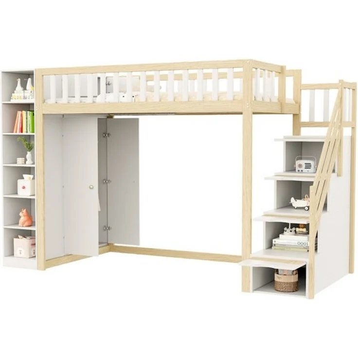 MODFU Hochbett Funktionsbett,Stauraumbett,Einzelbett,Kinderbett (Multifunktionales Hochbett,mit Regalen, Stauraum,für Kinderzimmer & Jugendzimmer, Platzsparend mit großem Kleiderschrank und Ablagefächern, Massivholz, bis 120 kg, 90x200 cm) ohne Matratze – Bild 4