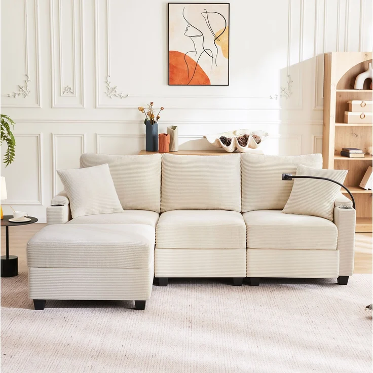 DESVIAE Sofa mit beweglichem Hocker und USB-Anschluss 213,5x87x139 cm Cord Beige – Bild 3