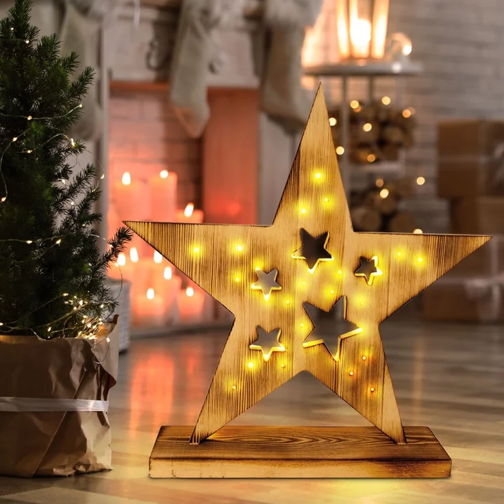 LED Adventsstern, Holz, Pinie, Timer, Batterie, H 49 cm – Bild 3