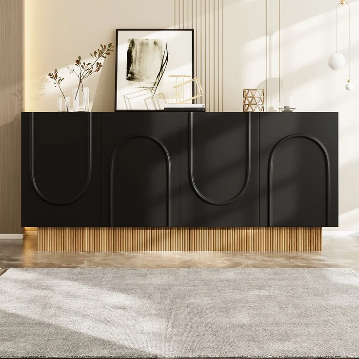 ZUBALIYA Sideboard 160x38x75 cm, mit 4 Türen, aus Spanplatte, Schwarz / Holzfarben – Bild 2