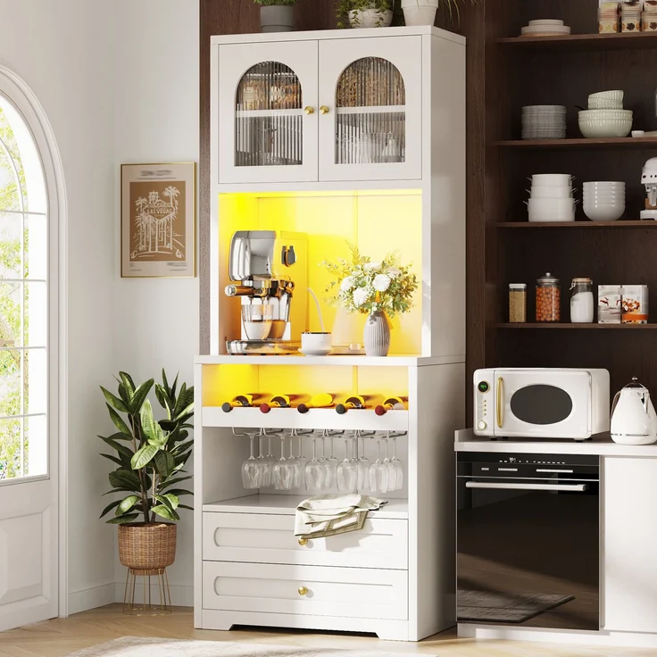 Hochschrank mit Glastüren, LED-Beleuchtung per App & Weinregal, 70x40x180 cm, Weiß – Bild 1