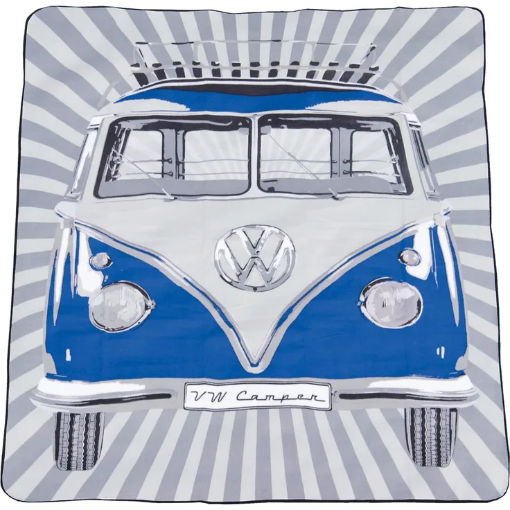 BRISA VW Collection - Volkswagen Picknickdecke 200x150 cm Wasserdicht Wärmeisoliert Fleece Garten Outdoor Stranddecke mit Tragetasche (Samba Stripes/Blau)
