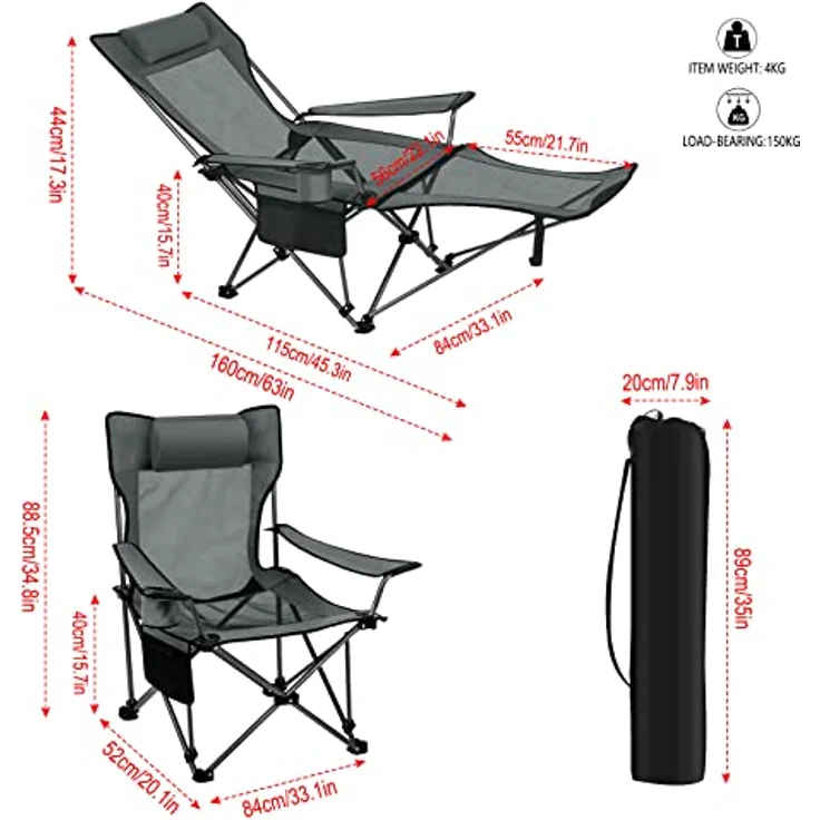 eSituro Faltstuhl Klappstuhl Campingstuhl klappbar, 2er Set, bis 150 kg, Angelstuhl Anglersessel faltbar, Campingliege mit Getränkehalter & Tragetasche, Grau – Bild 4