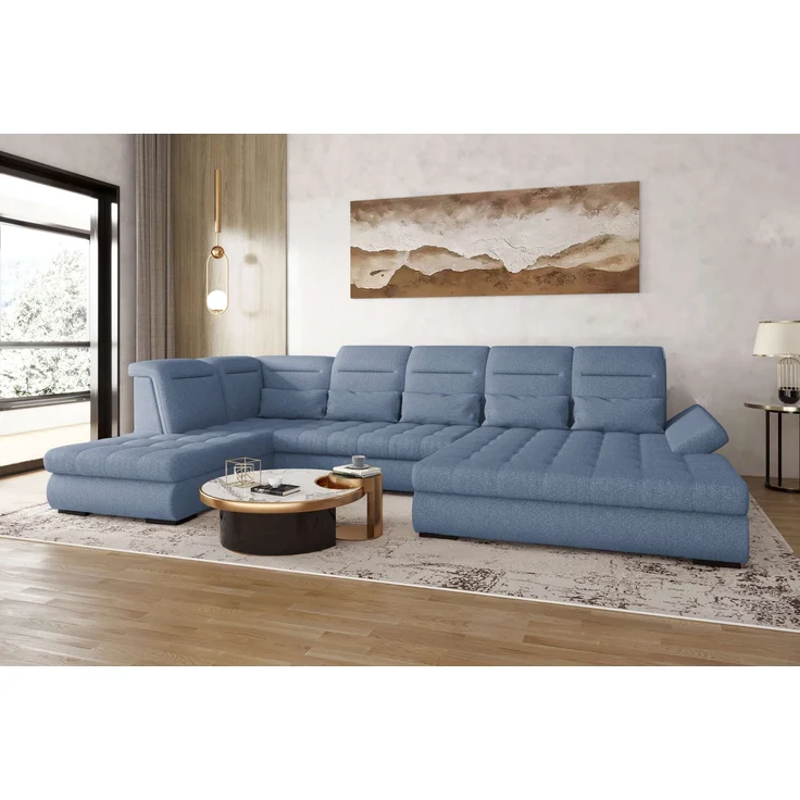 99rooms Toscana Wohnlandschaft Strukturstoff NEVE Blau Rechts mit Schlaffunktion Lieferung Wohnung