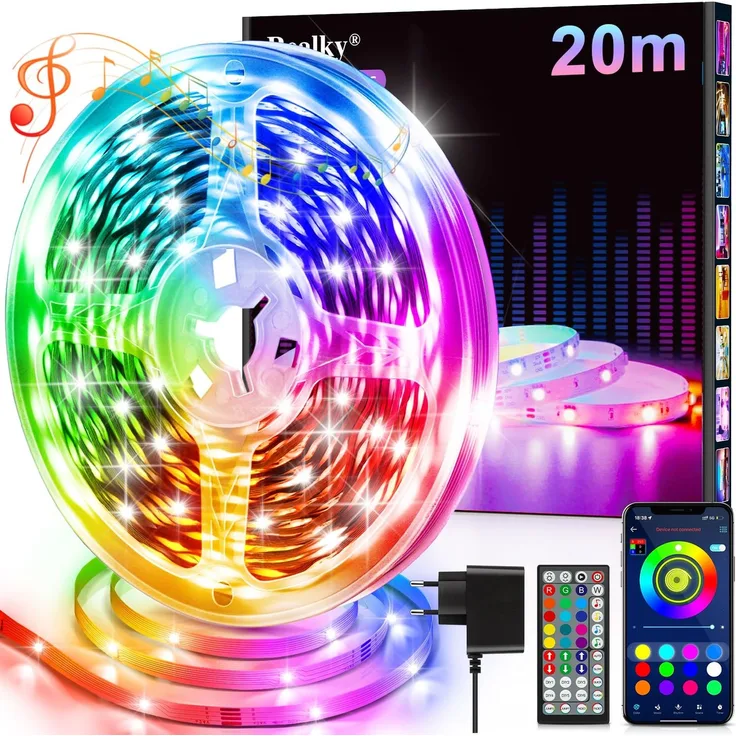 LED Streifen LED Strip 20m mit Fernbedienung & App & Musik Sync, RGB Lichterkette Dimmbar Farbwechsel, LEDs Leiste Band Stripes Bluetooth Selbstklebend für Zimmer Deko/Küche/Decke/Gaming/Party