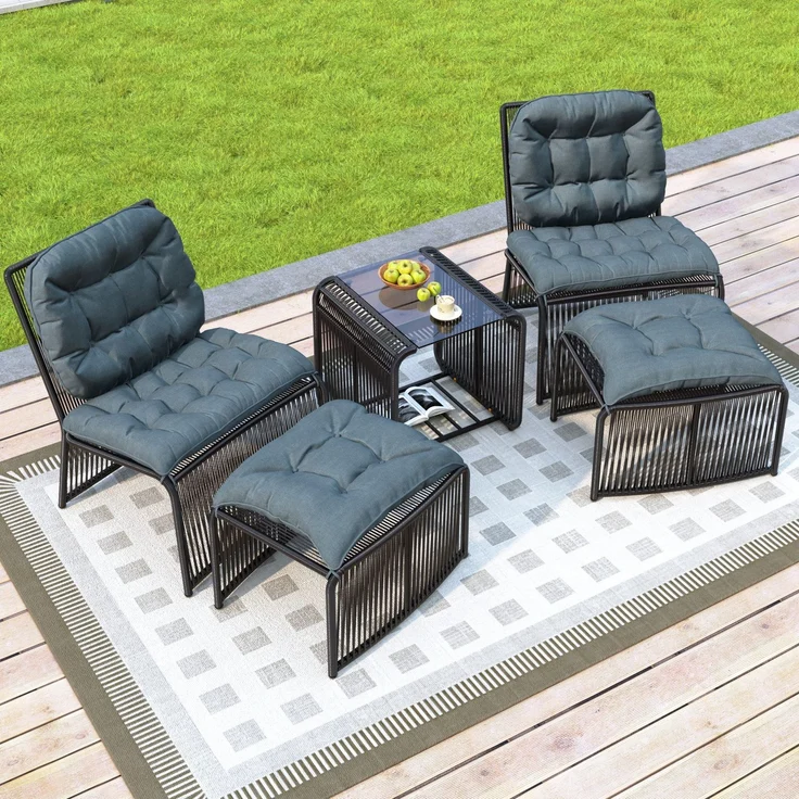 Gartenlounge-Set mit Glastisch, 2 Stühlen und 2 Hocker, 5-teilig, 5-tlg, Loungeset, Essgruppe für Garten – Bild 2