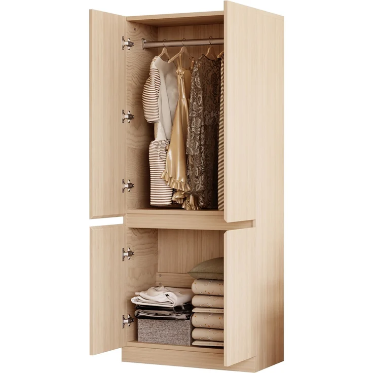 CHICFURN Kleiderschrank 70x170x40 cm aus Holz mit Doppeltüren – Stauraum auf zwei Ebenen Naturholz – Bild 6