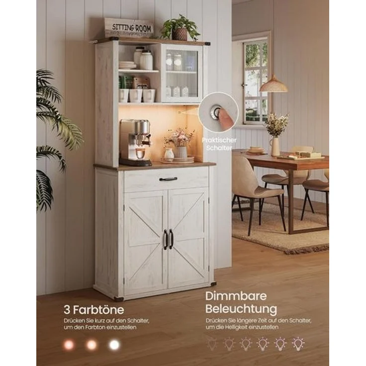 VASAGLE Sideboard mit Beleuchtung und Ladestation, Küchenschrank, Aufbewahrungsschrank, mit Türen und Schubladen, 39,5 x 80,4 x 180,6 cm, verstellbare Ablagen, Landhausstil, vintageweiß – Bild 3