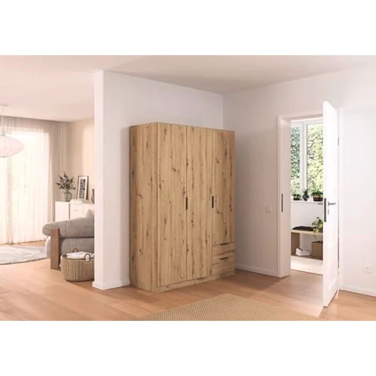 Rauch Möbel Lagoa, Kleiderschrank, Garderobe für Schlafzimmer, Kinderzimmer, Jugendzimmer 3-türig, 2 Schubladen, mit Zubehör Premium, Farbe Eiche Artisan, Holz, Breite 136 – Bild 3