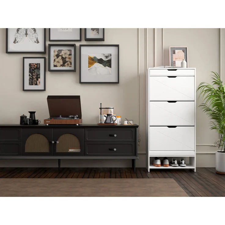 ZUBALIYA Schuhschrank (63 x 26 x 136,5 cm), 3 Schubladen, Aus MDF, Aufbewahrung für Schuhe, Hausschuhe und Schuhzubehör, Weiß – Bild 14