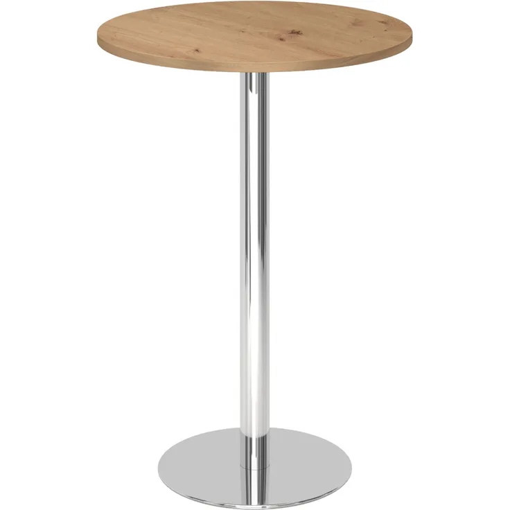 bümö Stehtisch Büro, Bistrotisch rund 80 x 80 cm - Bartisch Asteiche, Stehtisch Holz-Platte, Säule aus Metall verchromt, Buffettisch, Säulentisch, Partytisch, Thekentisch, Hochtisch, Barmöbel, STH08-R-C