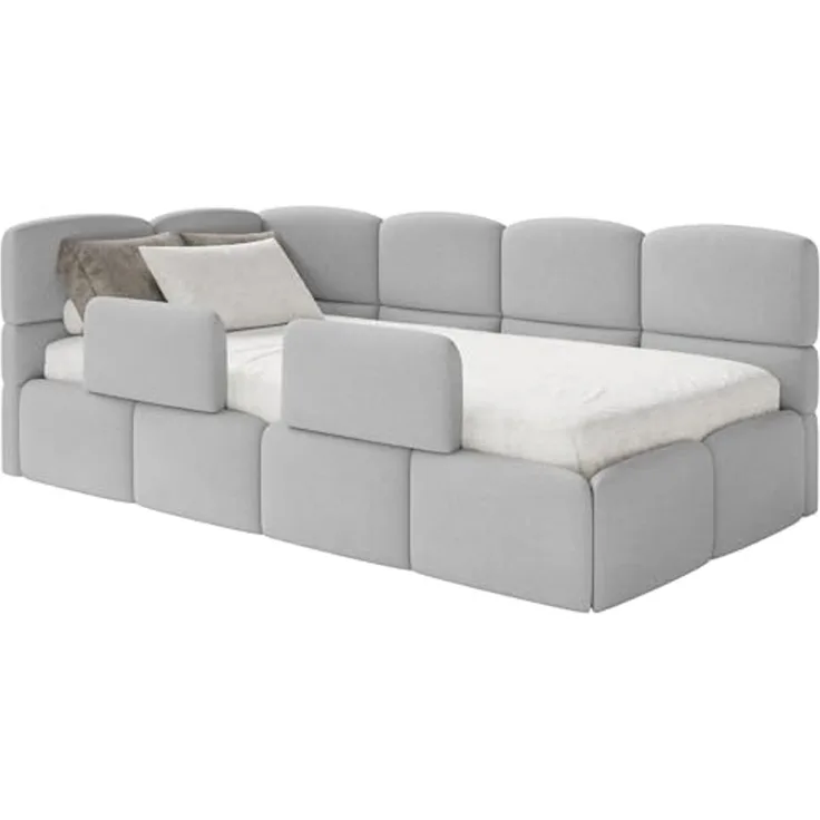 Selsey 'Cloudy' Kinderbett 120 cm, Bettkasten, 2x Rausfallschutz, Chenille, links, Hellgrau