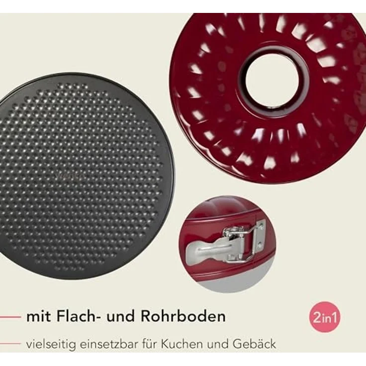 wenco Springform 26 cm, Kuchenform mit Flach- und Rohrboden, 2 Böden, runde Backform, auslaufsicher, antihaftbeschichtet, rot – Bild 4