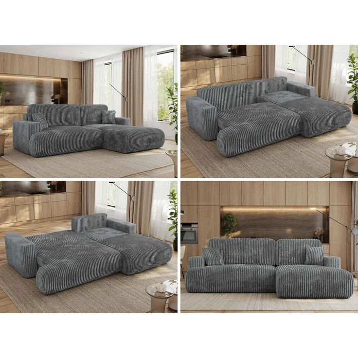 Ecksofa OVO mit schlaffunktion und bettkasten, Wellenfeder, lose Kissen, L-form 271x195 cm - Dunkelgrau Cord - rechte Seite – Bild 2