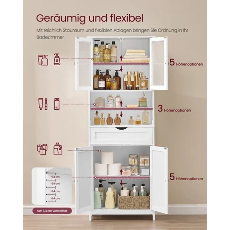 VASAGLE Badezimmerschrank, Badschrank, Aufbewahrungsschrank mit verstellbaren Ablagen, Schublade, offenen Fächern, für Badezimmer, Wohnzimmer, Esszimmer, wolkenweiß BBC768W01 – Bild 3