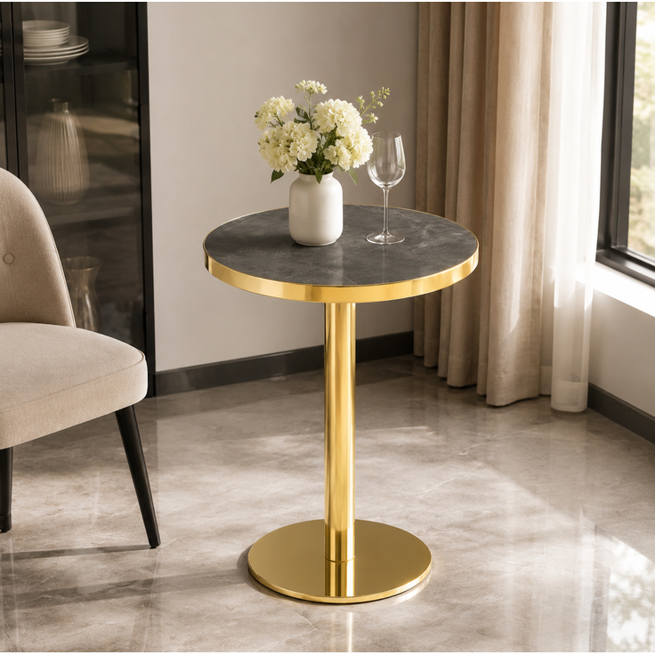 Beistelltisch 59,5cm×59,5cm×73,5cm mit Marmoroptik und Goldrand – runder Tisch aus MDF in Grau-Gold – Bild 4
