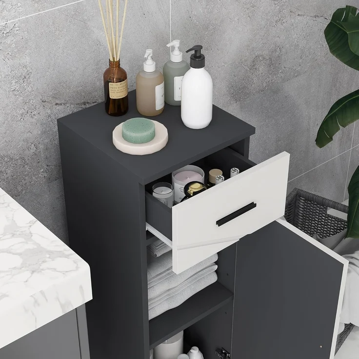 Kleankin Badkommode Badezimmerschrank mit Schublade, Verstellbar Ablagen (Badschrank, 1 St, Aufbewahrungsschrank), für Badezimmer, Wohnzimmer 30 x 30 x 82 cm Grau – Bild 8