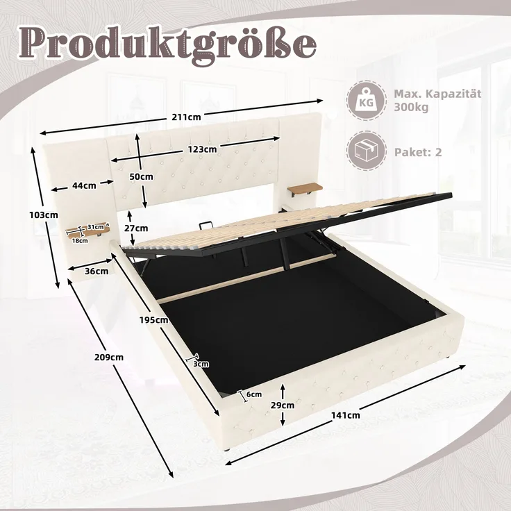 LVHOM Boxbett 140x200cm diamantgeprägtem Knopf Bettgestell, Samt, LED, langes Kopfteil, USB-Ladeanschlüssen, hydraulischem Stauraum-System, freie Staubschutzhülle für Stauraum als Geschenk