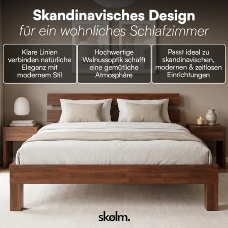 skølm Floki Massivholzbett 180x200 cm aus Eiche - hochwertiges Bettgestell in Walnussoptik - Bettrahmen mit Bettkopf - Holzbett in Natur geölt - Bett geeignet als Doppelbett - Futonbett Schlafzimmer – Bild 3