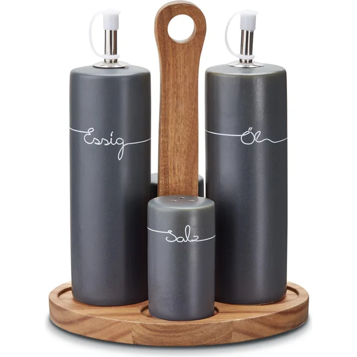 KHG Menage Set Keramik Steingut poliert, Anthrazit Grau mit Holz-Halterung für Öl Essig Salz & Pfeffer für den Tisch mit Beschriftung | Öl- & Gewürze-Vorrat 5-teilig mit Schutz-Deckel