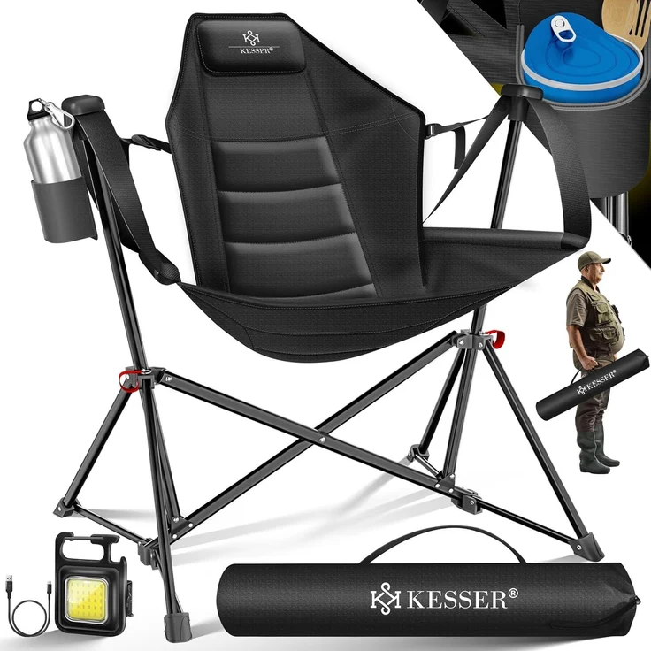KESSER® Camping-Schaukelstuhl, faltbar, mit hoher Rückenlehne, Getränkehalter, Tragetasche & Wippfunktion, bis 160 kg, Schwarz / Schwarz