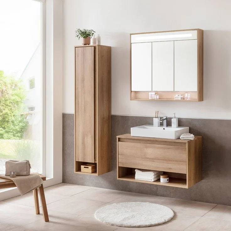 Fackelmann NATURA Badmöbel Set 4-teilig, 94 cm, Braun hell + Spiegelschrank + Hochschrank links – Bild 3