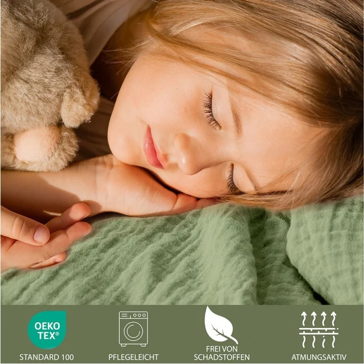 Hausfelder Bettwäsche Kinderbettwäsche Set Bettbezug 100x135 cm + 40x60 cm Kissen Grün (Grün), 2 teilig, Crinkle-Effekt, atmungsaktiv, temperaturausgleichend – Bild 3