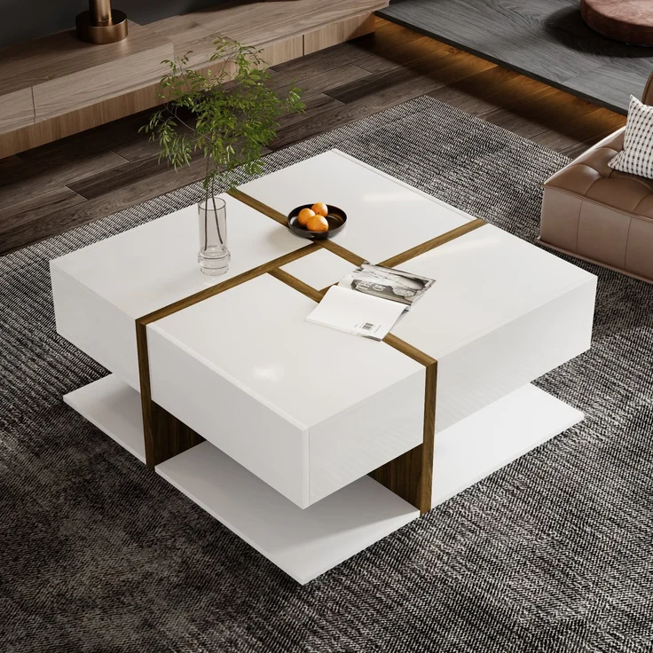 Merax Hochglanz-Couchtisch, Tisch mit 4 Schubladen, einzigartige Farbabstimmung und Liniendesign, Stauraum unten. 78*78*34,8cm, Weiß und Holzfarbe – Bild 1