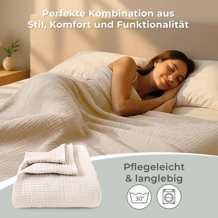 LAYNENBURG Premium Musselin Tagesdecke 220x240 cm XXL - 100% Baumwolle - extraweiche Baumwolldecke als Kuscheldecke, Bett-Überwurf, Sofa-Überwurf, Couch-Überwurf - warme Sofa-Decke (Beige) – Bild 7