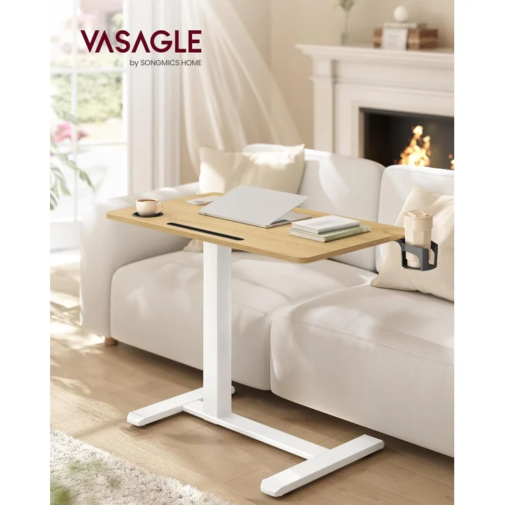 VASAGLE Beistelltisch mit Rollen, mobiler Stehtisch, 80x45 cm große Tischplatte, verstellbare Höhe, 2 Getränkehalter, Schlitz für Handy oder Tablet, goldeichenfarben LSD601YA01 – Bild 2