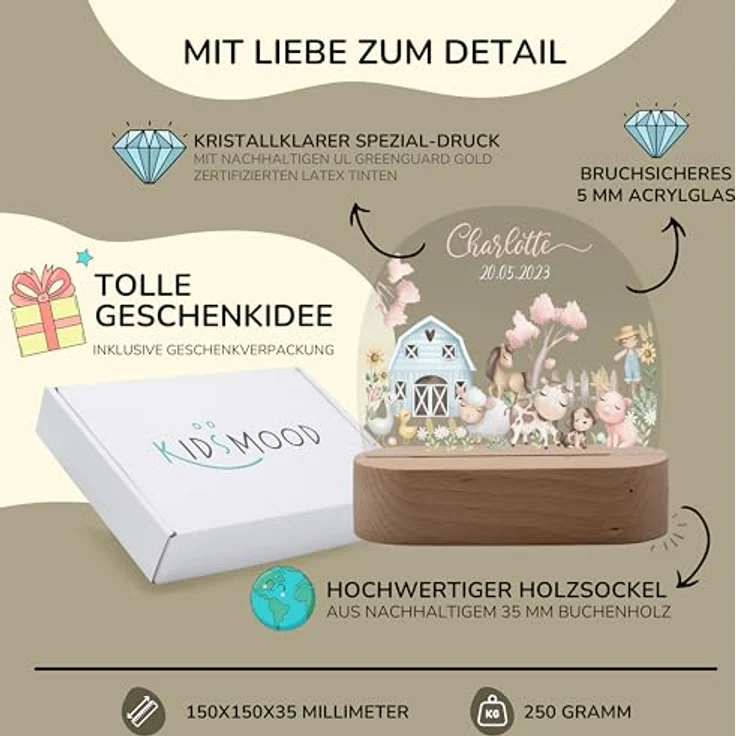 Kidsmood Nachtlampe mit Wunschnamen, Individuelle Nachttischlampe Kinder, Niedliches Nachtlicht für Babys, Personalisierte Geschenke für Babys, Geschenk zur Geburt – Bild 6