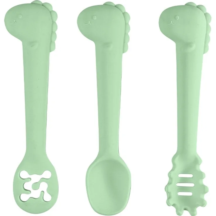 ABC 6-teiliges grünes Baby-Trainingslöffel-Set aus lebensmittelechtem Silikon, geeignet für Babys ab einem Jahr zum selbstständigen Essen. Babylöffel in Dinosaurierform