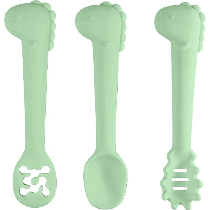 ABC 6-teiliges grünes Baby-Trainingslöffel-Set aus lebensmittelechtem Silikon, geeignet für Babys ab einem Jahr zum selbstständigen Essen. Babylöffel in Dinosaurierform – Bild 1